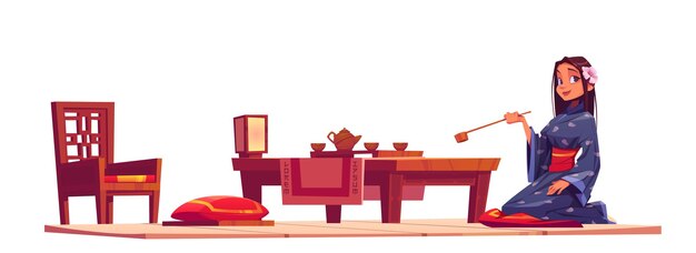 Japońska ceremonia parzenia herbaty. Dziewczyna w kimono i tradycyjne drewniane meble chiński salon.