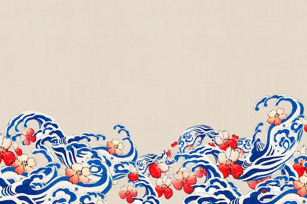 Japońska Fala Z Obramowaniem Wektora Sakura, Remiks Grafiki Autorstwa Watanabe Seitei