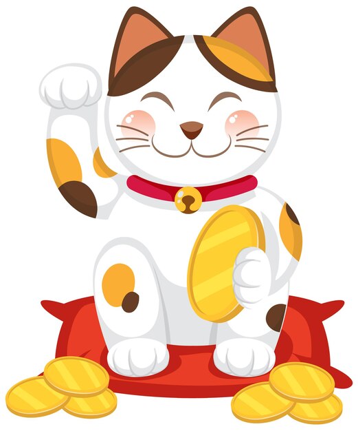 Japoński kot szczęśliwy maneki neko postać z kreskówki na białym tle