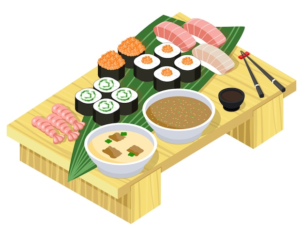 Japońskie jedzenie w widoku izometrycznym. Sushi i rolki na drewnianym stojaku.