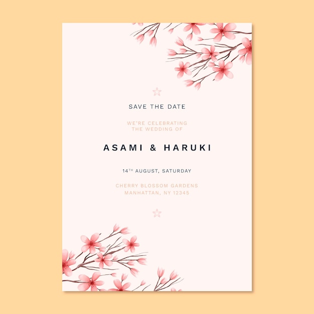 Bezpłatny wektor japońskie zaproszenie na ślub z uroczymi kwiatami