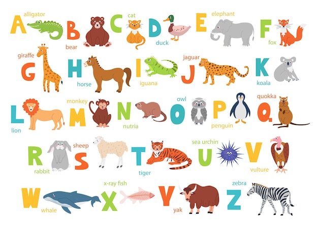 Jasny alfabet dla dzieci z uroczymi zwierzętami do edukacji i ręczną czcionką
