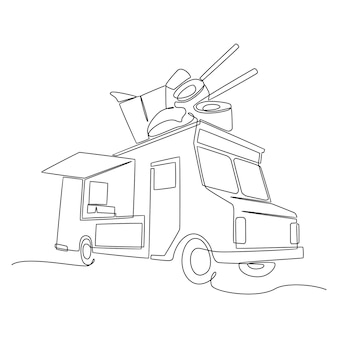 Jeden ciągły rysunek ciężarówki z jedzeniem na festiwal streszczenie