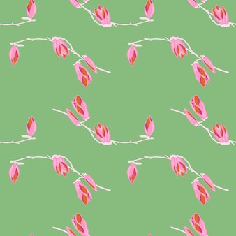 Jednolity wzór magnolie na zielonym tle. piękna tekstura z różowymi kwiatami.