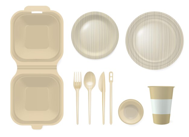 Jednorazowe naczynia stołowe realistyczny zestaw plastikowego kubka widelec łyżka talerz i lunchbox na białym tle ilustracji wektorowych