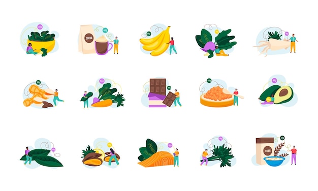 Bezpłatny wektor jedzenie magnezu płaskie ikony zestaw zdrowych produktów i malutkich ludzi izolowanych na białym tle ilustracji wektorowych