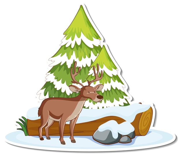 Bezpłatny wektor jeleń z sosną pokrytą naklejką śniegu