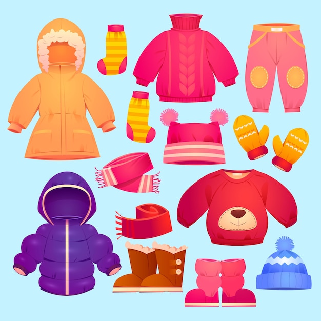 Bezpłatny wektor jesienna i zimowa kolekcja odzieży dla dzieci z kreskówek