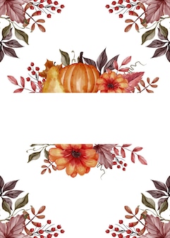 Jesienny liść, dynia, gruszka i jabłko na kwiecistą ramkę w tle
