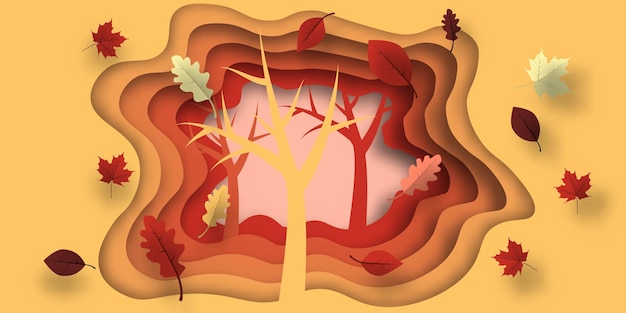 Jesienny papier wycięty z liśćmi i drzewem Abstrakcyjne tło z kształtami w żółtych, pomarańczowo-fioletowych kolorach Projekt do dekoracji plakaty do prezentacji biznesowych Wektor