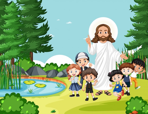 Jezus z dziećmi w parku