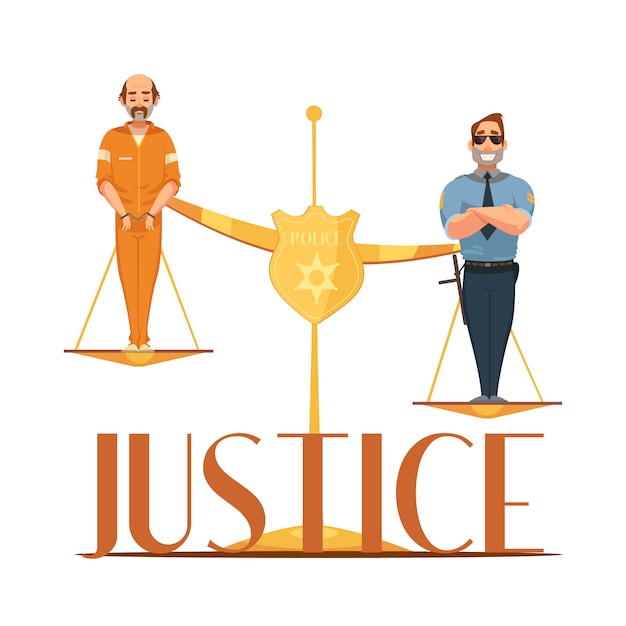 Bezpłatny wektor jurysdykcje prawne i skala sprawiedliwości symbolicznej kompozycji z skazanym i funkcjonariuszem policji