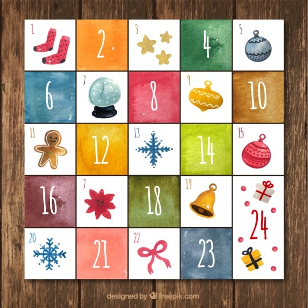 Bezpłatny wektor kalendarz adwentowy z elementami dekoracyjnymi w stylu akwareli