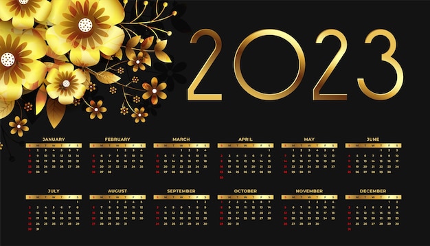 Bezpłatny wektor kalendarz biznesowy 2023 ze złotym motywem kwiatowym
