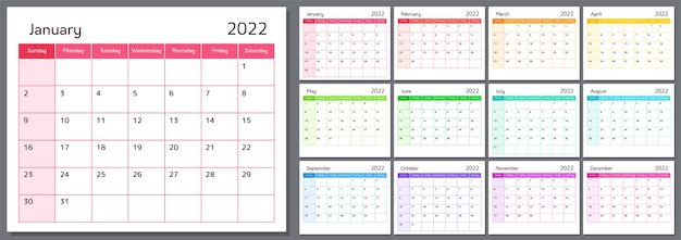 Kalendarz na nowy rok 2022, tydzień zaczyna się w niedzielę
