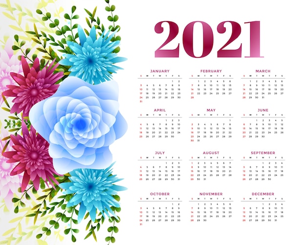 Bezpłatny wektor kalendarz noworoczny z dekoracją kwiatową
