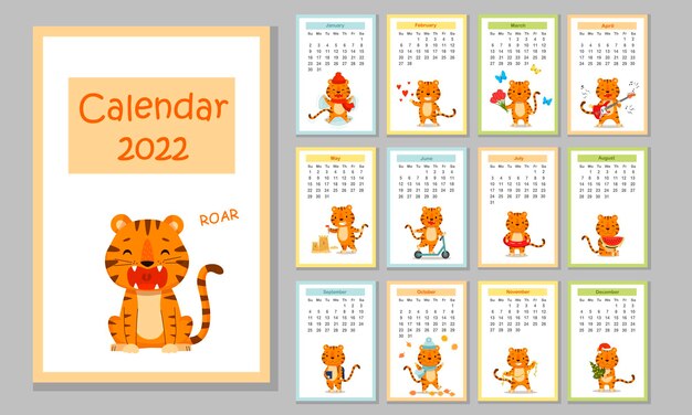 Kalendarz wektorowy z uroczym tygrysem - symbolem roku 2022 według kalendarza chińskiego