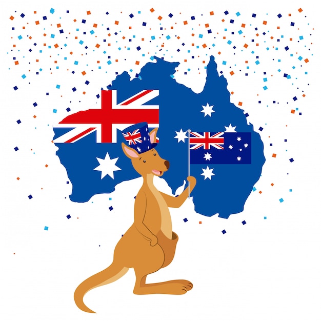 Bezpłatny wektor kangur z flagą australii i konfetti