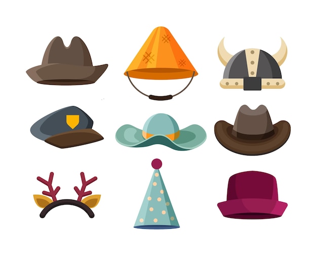 Bezpłatny wektor kapelusze i nakrycia głowy stylowe letnie męskie i żeńskie nakrycia głowy vintage klasyczne i nowoczesne kapelusze ubrania akcesoria kolorowy kreskówka zestaw akcesoriów ilustracji wektorowych