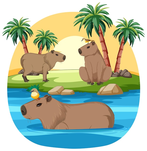 Bezpłatny wektor kapibary odpoczywające przy tropikalnej rzece