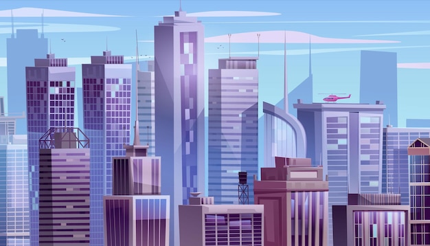 Bezpłatny wektor karikaturowe drapacze chmur krajobraz miejski wektorowy tło scena nieba na ulicy miejskiej z oknem biurowym panorama środowisko gry abstrakcyjny widok perspektywy na architekturę korporacyjną scape w słoneczny dzień
