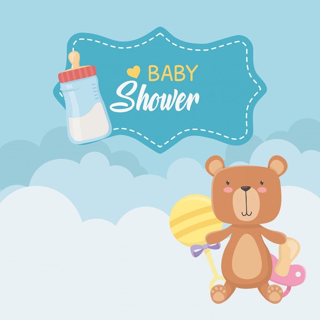 Karta Baby Shower Z Małym Misiem I Butelkami Mleka