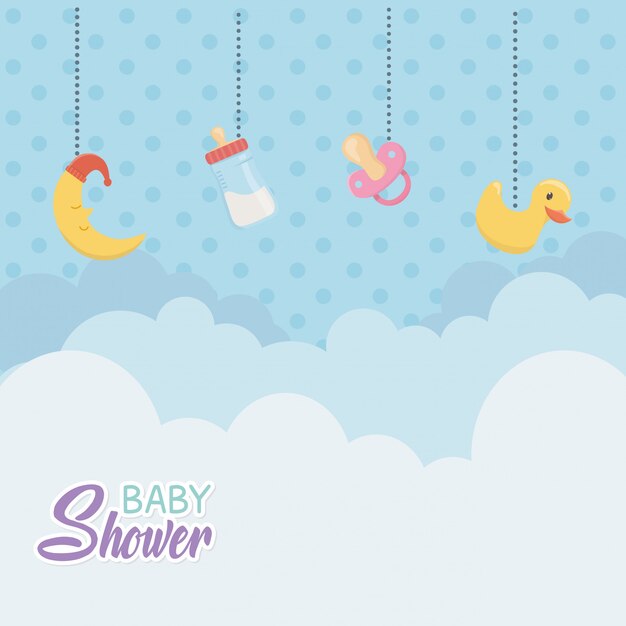 Karta baby shower z wiszącymi akcesoriami