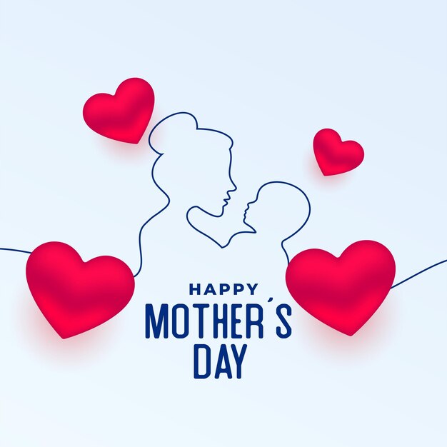 Karta dnia matki w stylu linii z 3d czerwonymi sercami