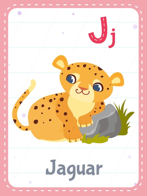 Bezpłatny wektor karta do wydrukowania alfabetu z literą j i zwierzęciem jaguar