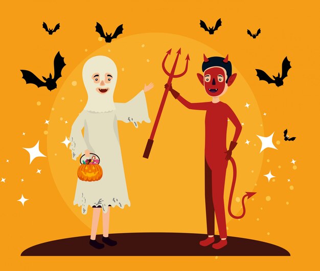 Karta Halloween z przebraniem ducha i diabłem