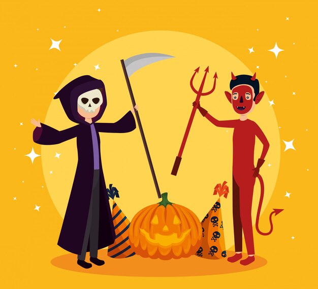 Karta Halloween z przebraniem śmierci i diabłem