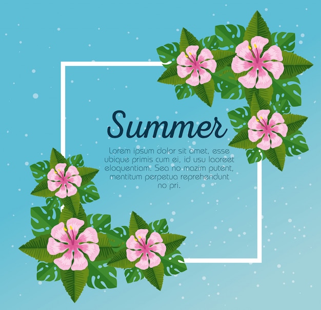 Bezpłatny wektor karta lato z tropikalnych kwiatów i liści