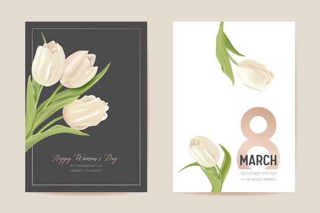 Karta świąteczna dzień kobiety 8 marca. ilustracja wektorowa kwiatowy wiosna. powitanie realistyczny szablon kwiatów tulipanów, luksusowe tło kwiatowe, ulotka z międzynarodowym dniem kobiet, nowoczesny projekt strony