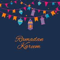 Bezpłatny wektor kartka okolicznościowa ramadan kareem z girlandą lampionów, lampami arabskimi