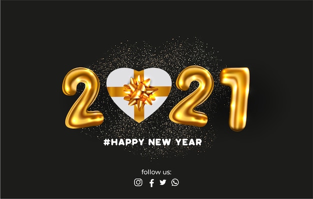 Kartka szczęśliwego nowego roku z realistycznymi balonami 2021 i prezentem