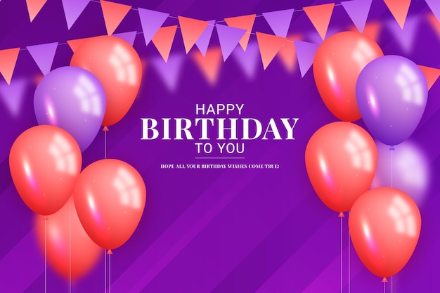 Kartka urodzinowa z fioletowymi i czerwonymi balonami fioletowym tle