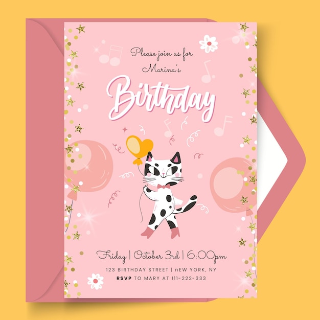 Bezpłatny wektor kartka urodzinowa z szablonem kota