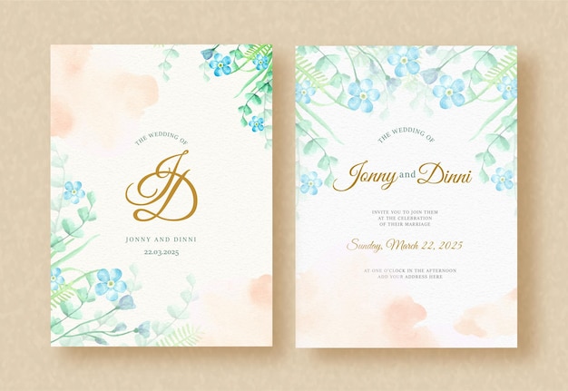 Bezpłatny wektor kartka z zaproszeniem na ślub z akwarelami z niebieskimi kwiatami i plamkami