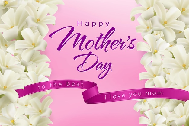 Kartkę Z życzeniami Happy Mother's Day Z Białymi Kwiatami Realistyczny Plik Premium Wektorów