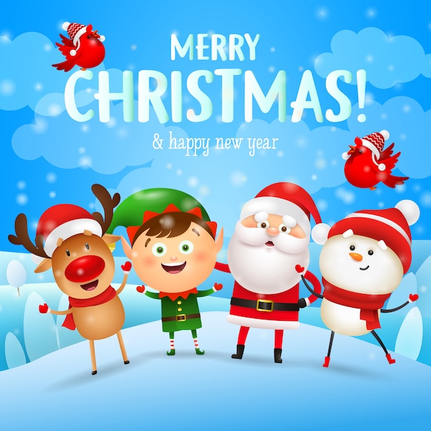 Kartkę z życzeniami Wesołych Świąt z postaciami Bożego Narodzenia