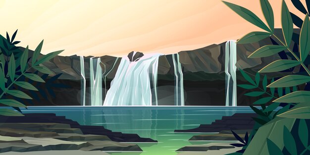 Kaskada wodospadu w dżungli krajobraz kreskówka las. Strumień rzeki płynący ze skał do potoku lub jeziora z gałęziami palm wokół. Strumień wody spadający z kamieni w dzikim parku, ilustracji wektorowych