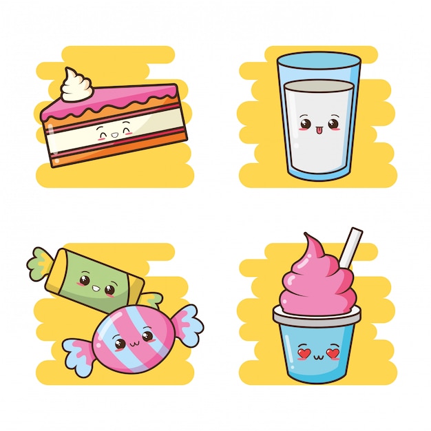 Bezpłatny wektor kawaii fast foody słodkie ciasto, cukierki, lody, mleko ilustracja