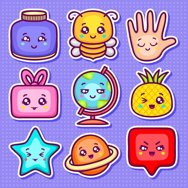 Kawaii naklejki ikony ręcznie rysowane Doodle kolorowanki