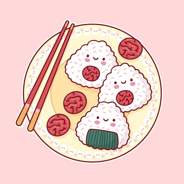 Kawaii pyszne japońskie onigiri umeboshi na talerzu