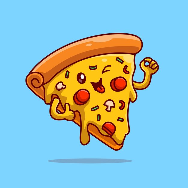 Kawałek pizzy ładny stopiony z kciuki do góry ikona ilustracja kreskówka wektor. Ikona obiektu żywności na białym tle