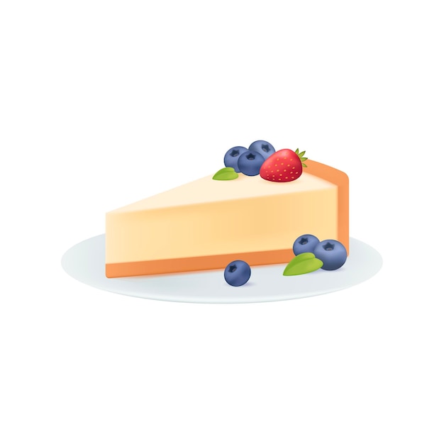 Bezpłatny wektor kawałek smacznego sernika z jagodami 3d ilustracji. kreskówka rysunek słodka przekąska, kawałek ciasta z jagodami na talerzu w stylu 3d na białym tle. świętowanie, jedzenie, koncepcja deseru