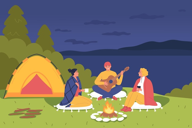 Bezpłatny wektor kemping płaski kolor tła z ludźmi siedzącymi wieczorem wokół ogniska z ilustracji wektorowych gitary