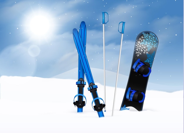 Kijki Narciarskie I Snowboard W śniegu Z Błękitnym Niebem I Słońcem Realistyczne
