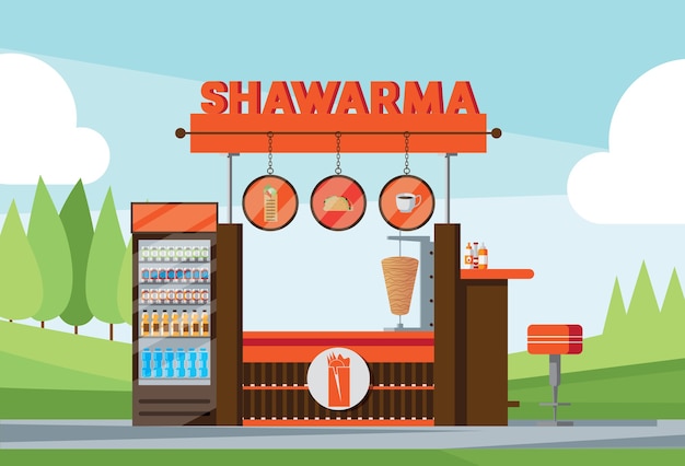 Bezpłatny wektor kiosk fastfood z tekstem shawarma