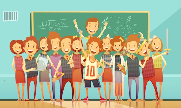 Bezpłatny wektor klasyczna edukacja szkolna klasie retro kreskówka plakat z stały uśmiechnięte dzieci